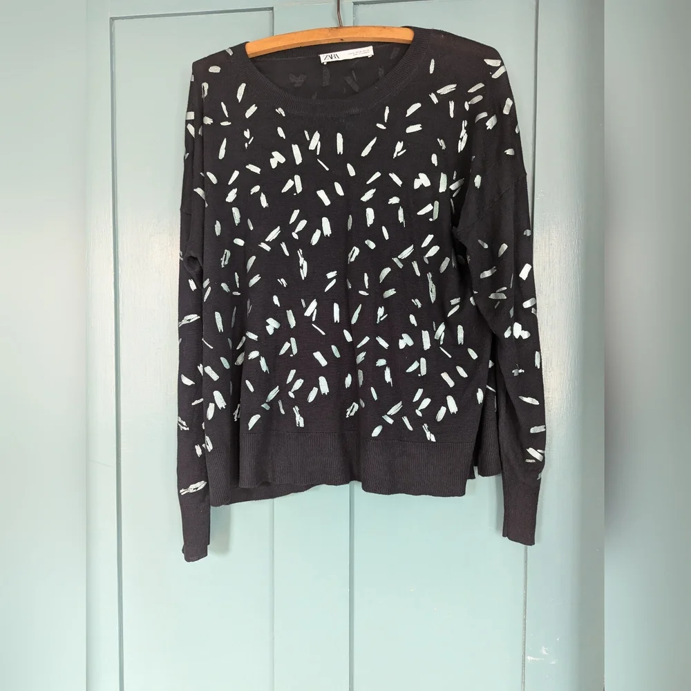 🩵 🖤 Zara XL Knit Pullover Sweater Metallic Design Holidays